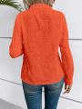 SHEIN VCAY Solid Color Embroidery & Burn-out Design Notch Neckline Shirt