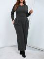 SHEIN Essnce Women'S Plus Size Round Neck Long Sleeve T-Shirt And Wide Leg Pants Two Piece Set