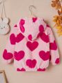 SHEIN Young Girl Heart Pattern Hooded Teddy Jacket Without Sweater