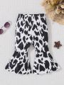 Infant Girls' Stylish Leopard Print Flare Pants, Comfortable Stretch Trousers For Spring And Autumn