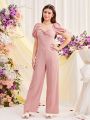 SHEIN Teen Girl's Knit Solid Color Jumpsuit With Twist Knot And Sweetheart Neckline Design And Puff Sleeves