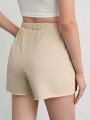 SHEIN Leisure Natrural & Comfy Cotton Elastic Drawstring Lounge Shorts - Khaki