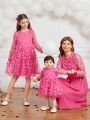 SHEIN Baby Girl 1pc Mom And Me Cute And Sweet Rose Red Stitching Three-Dimensional Flower Mesh Long-Sleeved Dress