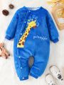 Baby Girl Giraffe & Letter Embroidery Flannel Jumpsuit