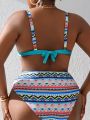 SHEIN Swim BohoFeel Plus Size Geometric Printed Splicing Swimsuit Set