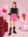 SHEIN Kids CHARMNG Big Girls' Knitted Mesh Net Patchwork Round Neck Long Sleeve Top With Lace Belt And Leather Shorts