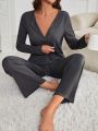 Ladies' Solid Color Long Sleeve Top And Long Pants Pyjamas Set