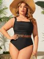 SHEIN Swim Vcay Plus Size One-piece Swimsuit With Wave Stripes