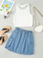 Teen Girls' Casual Comfortable Simple Style Vest And Utility Pocket Skirt Set