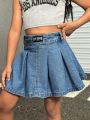 SHEIN Girls Regular Mid-waist Cute Style Denim Pleated Skirt