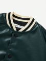 SHEIN Kids EVRYDAY Boys' Casual Pu Leather Woven Baseball Jacket With Thick Color-block Sleeves, Zipper Closure, Back Printed Slogan, Autumn And Winter
