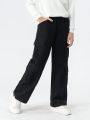 Boys' Street-Style Washed Black Denim Work Pants With Multiple Pockets, Wide Leg And Drop Crotch Design