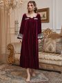 Floral Embroidery Mesh Panel Flounce Sleeve Bow Ruffle Hem Velvet Nightdress