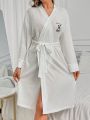 Women's Teddy Bear & Letter Embroidery Belted Robe