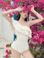 Women's One Shoulder Double Layer Ruffle Trim One Piece Swimsuit