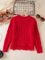 SHEIN Kids EVRYDAY Big Girls' Red Sweater With Tassel Hem