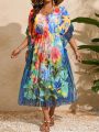 SHEIN Swim Vcay Plus Size Tropical Printed Batwing Sleeve Cover Up
