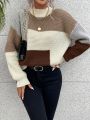 SHEIN Essnce Color Block Mock Neck Drop Shoulder Sweater