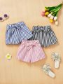 SHEIN Baby Girls' Casual Striped Shorts Set With Elastic Waistband And Matching Belt, 3pcs