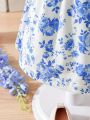 Blue Floral Patchwork Baby Dress With Ruffle Hem And Cute Bowknot