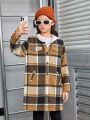 SHEIN Tween Girl Plaid Print Hooded Neck Dual Pocket Coat