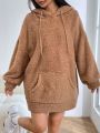 SHEIN EZwear Kangaroo Pocket Drop Shoulder Drawstring Teddy Hoodie Dress