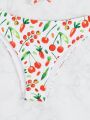 SHEIN Swim Mod Cherry Print Knot Front Bandeau Bikini Swimsuit