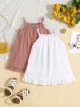 SHEIN Baby Girl Casual Summer Holiday Solid Color Ruffled Strap Dress 2pcs/Set