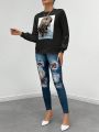 Women's Character Print Sweatshirt And Leopard Print Leggings Set