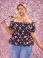 SHEIN Plus Floral & Polka Dot Print Off Shoulder Peplum Top