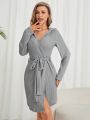 Women's Solid Color Casual Hooded Bathrobe