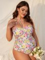 SHEIN Swim Mod Plus Size Floral Print Halter One Piece Swimsuit