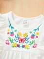 SHEIN 3pcs Baby Girl'S Casual Cute Flower Patterned Ruffle Hem Sleeveless Top And Shorts Set