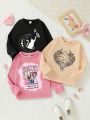 Girls' 3pcs/set Cartoon Printed Fleece Lined Sweatshirt