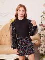 SHEIN Kids FANZEY Big Girls' Stand Collar Mesh Spliced Puff Sleeve Top With Sequin Hem Skirt Set