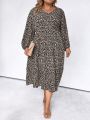 SHEIN LUNE Women'S Plus Size Printed Lantern Sleeve V-Neck Maxi Dress