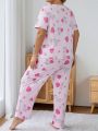 Plus Size Cute Short Sleeve Strawberry Printed Pajama Set
