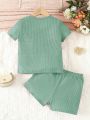 SHEIN Kids EVRYDAY Young Girl Solid Color Seal Details Two-Piece Set