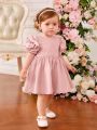 SHEIN Baby Girls Solid Ruffle Hem Floral Embroidery Dress, Perfect For Birthday & Party & Banquet