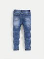 SHEIN Boys' Mid Waist Slim Fit Irregular Holes Denim Jeans