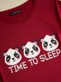 Sil Medeiros Cartoon Panda Head & Slogan Print Pajama Top