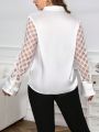 SHEIN Privé Plus Size Plaid Mesh Panel Flare Sleeve Shirt