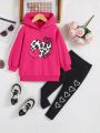 SHEIN Kids EVRYDAY Girls' Heart Pattern Hooded Casual Sweatshirt And Skinny Pants Two-Piece Outfit Set