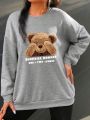 Plus Size Women's Oversized Bear Slogan Printed Long Sleeve Round Neck Sweatshirt