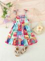 Baby Girl Floral & Plant Patchwork Printed Spaghetti Strap Dress For Spring & Summer