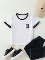 SHEIN Kids KDOMO Toddler Boys' Korean Style Letter Printed Round Neck T-Shirt With Zipper Details For Summer