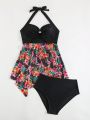 SHEIN Swim Classy Women'S Floral Print Spliced Hollow Out Cami Bikini Top