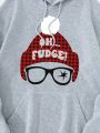 Men Glasses & Letter Graphic Kangaroo Pocket Drawstring Thermal Lined Hoodie