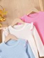 Girls' Casual Basics Versatile Ruffle Decorated Sleeves Waffle Fabric Three-Piece T-Shirt