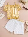 Teen Girl's Bubble Sleeve Top With Reflective Fabric Matching Striped Shorts, 2pcs/Set